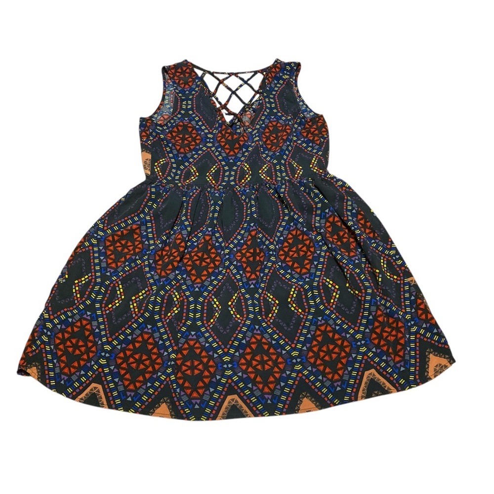 Forever 21 Women’s Multicolor Geometric Print Sundress Size S Lattice Back Boho - Picture 11 of 14